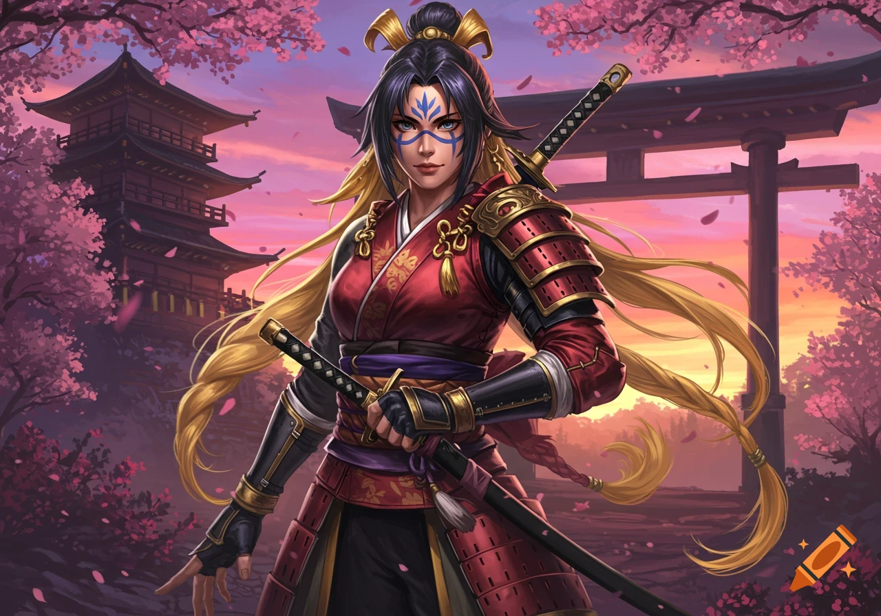 Female warrior in red samurai armor with katanas, long blonde hair, and blue facial markings stands among cherry blossoms, a pagoda, and torii gate.