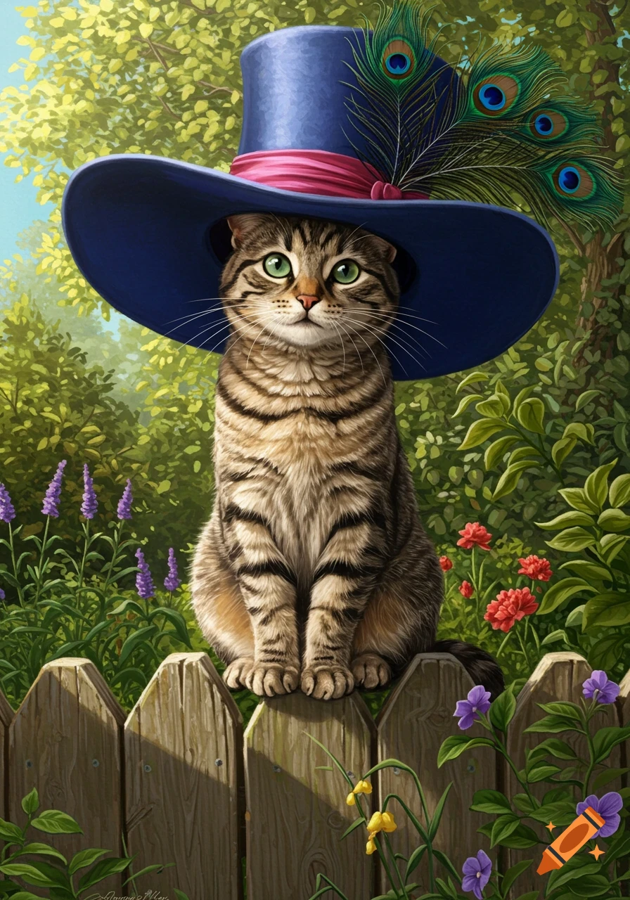 A tabby cat with green eyes sits on a wooden fence, wearing a blue top hat with a pink band and peacock feathers, in a vibrant garden.