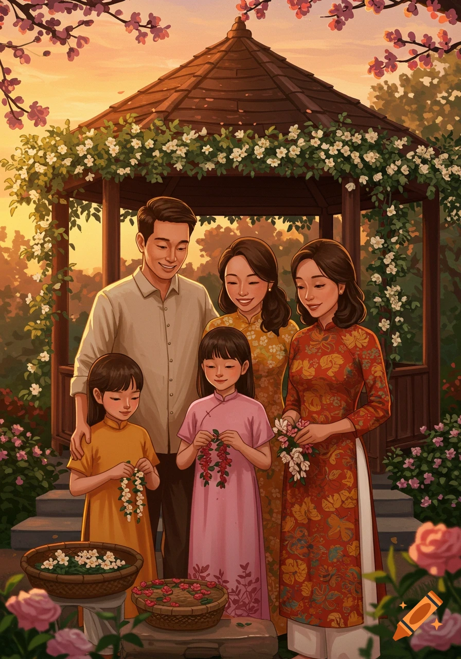 Illustrated Vietnamese family of four in traditional attire, arranging flowers in a garden with a gazebo at sunset.