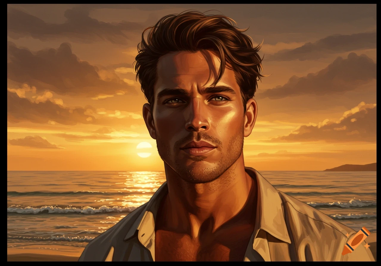 A close-up portrait of a man with a chiseled jaw against a vibrant sunset over the ocean.