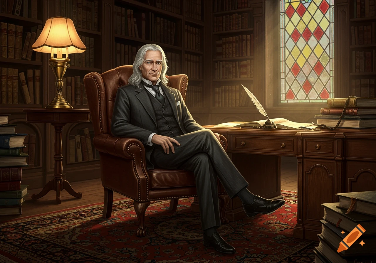An older man with long white hair sits in a leather armchair in a grand library, next to a desk with a quill and books, lit by a stained glass window.