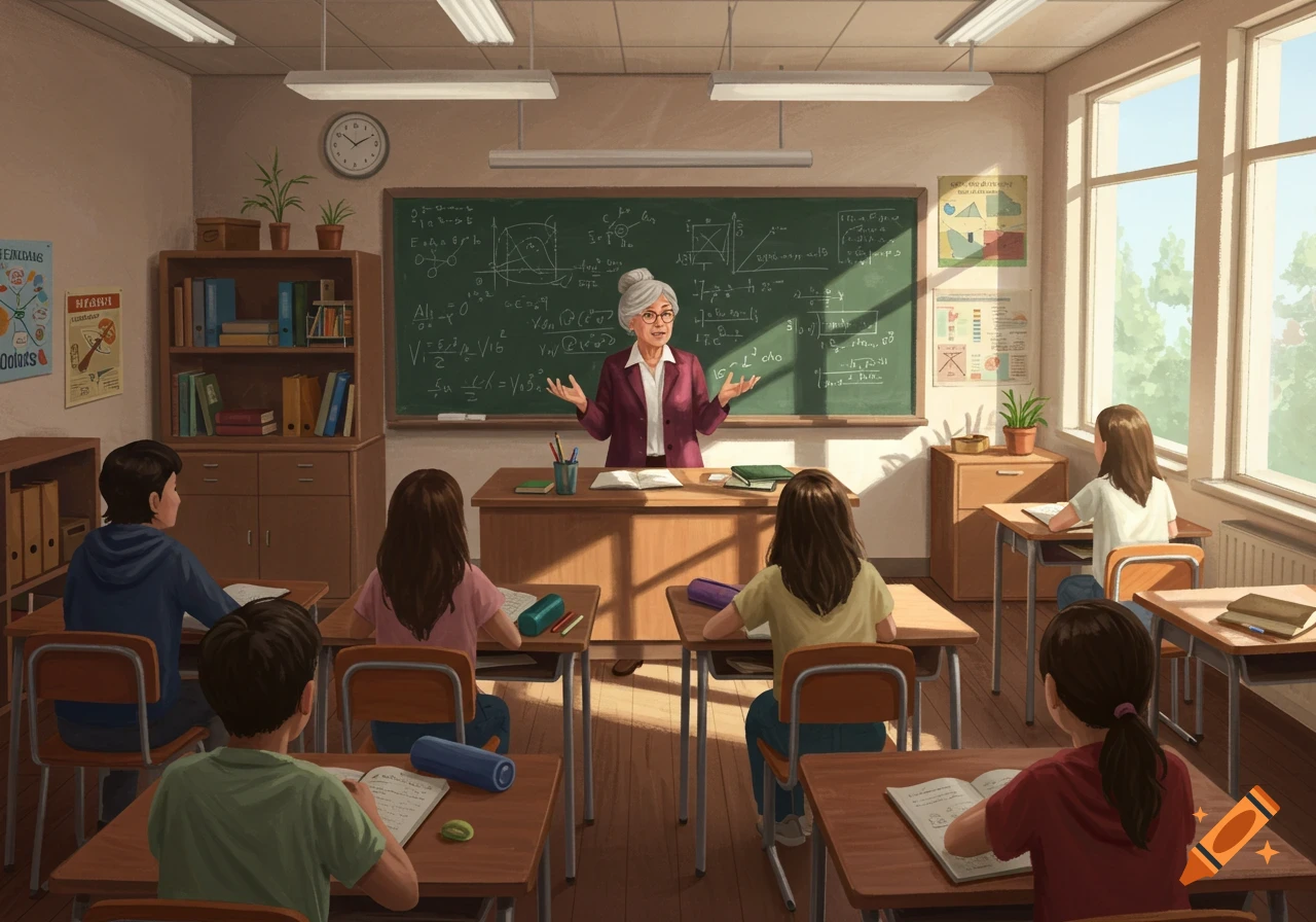 An elderly teacher stands in a classroom, addressing students at their desks, with a blackboard filled with equations behind her.