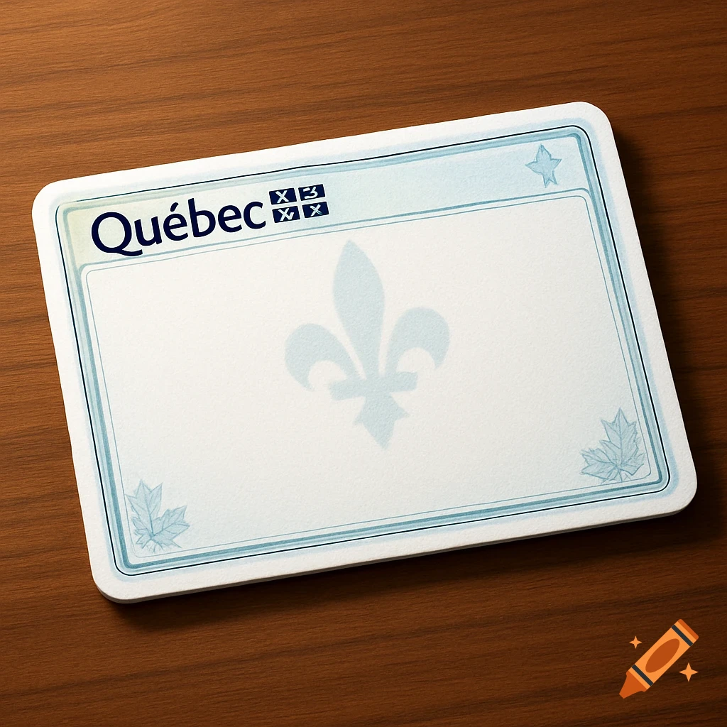 A blank Quebec driver's license on a wooden table, featuring a fleur-de-lis and maple leaves.