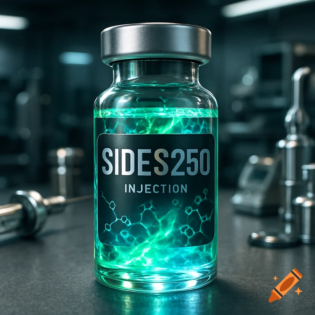 A photorealistic image of a glowing green vial labeled 'SIDES250 INJECTION' in a dark laboratory setting.