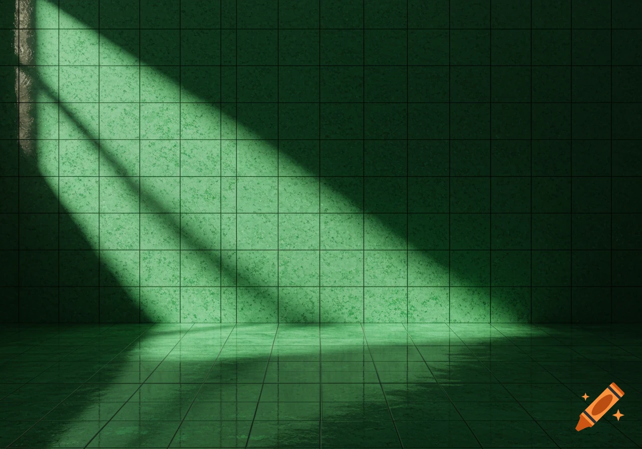 A green tiled room with a bright diagonal beam of sunlight illuminating the wall and reflective floor, casting distinct shadows.