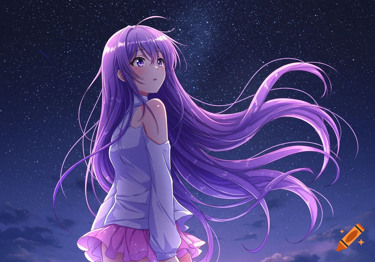 An anime girl with long flowing purple hair looks up at a starry night sky.