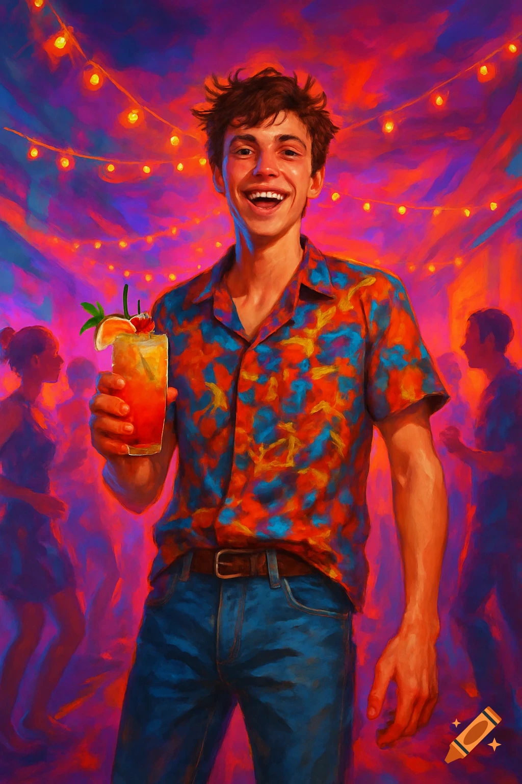 A young man in a colorful shirt holds a drink and smiles brightly at a vibrant, painterly party.