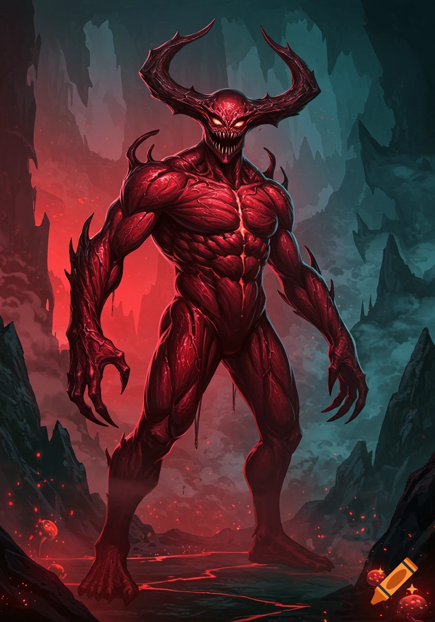 A fearsome, muscular red horned monster with sharp claws stands in a dark, glowing red and blue cave with lava and glowing mushrooms.
