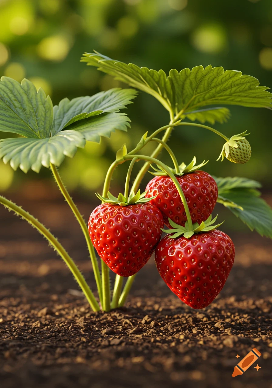 A close-up, photorealistic shot of a strawberry plant with three ripe red strawberries and one small green strawberry in the soil.