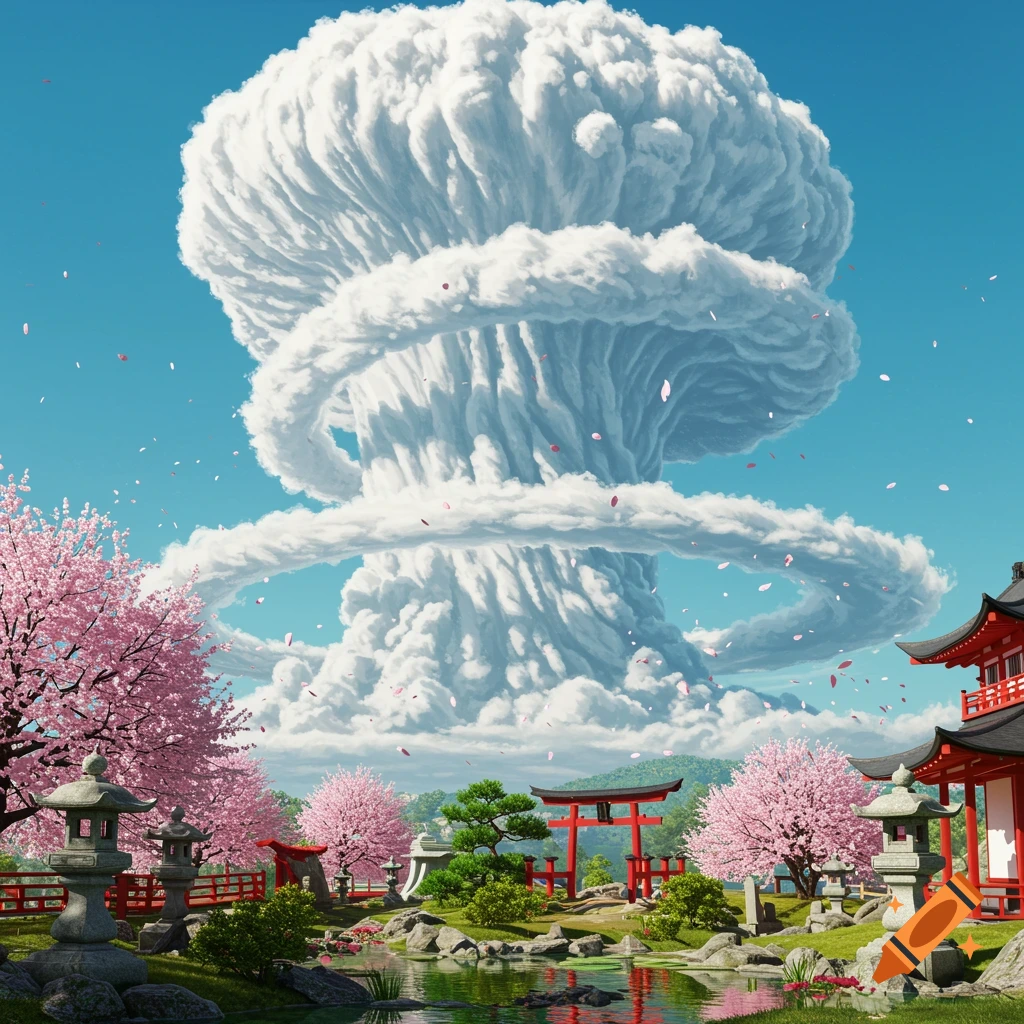 A massive mushroom cloud looms over a serene Japanese garden with pink cherry blossoms, a pond, and traditional red torii gates.