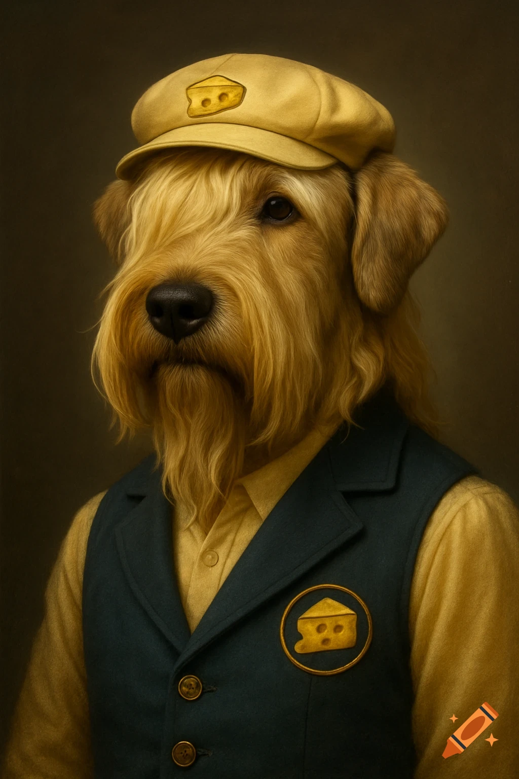 A photorealistic portrait of a wheaten terrier dog wearing a yellow cap and a dark vest with a cheese emblem.