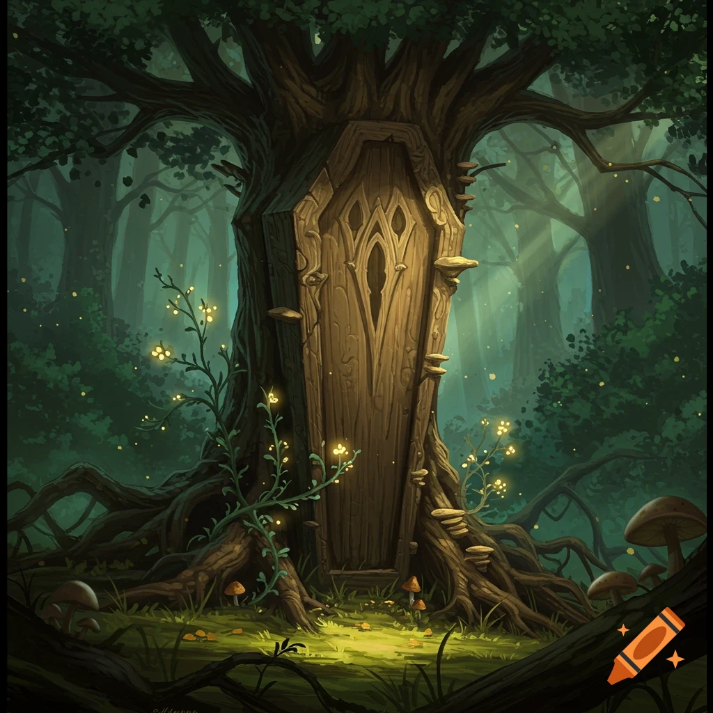 A fantasy illustration of a large tree with a coffin-shaped hollow, bathed in magical light within a mystical forest.