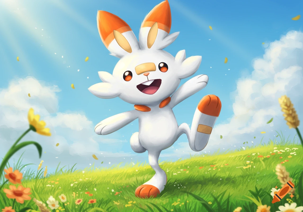 Scorbunny, a white rabbit-like Pokemon with orange accents, leaps happily in a vibrant green meadow under a sunny blue sky with clouds and scattered petals.