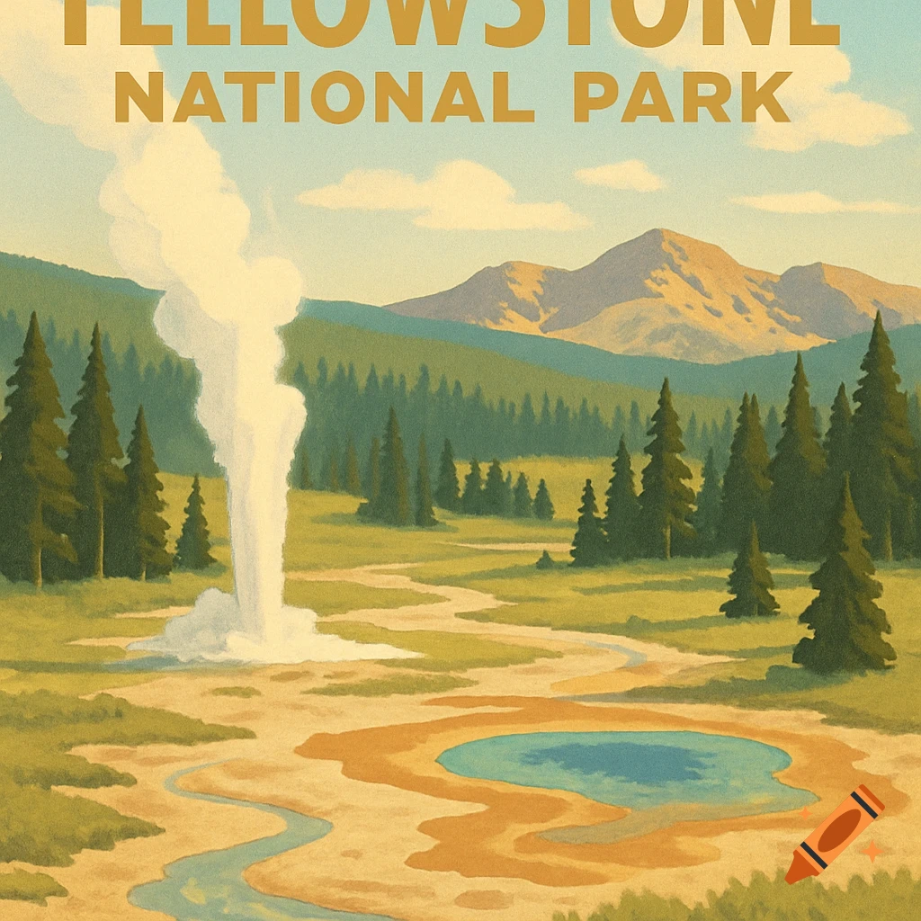 Vintage WPA-style travel poster of Yellowstone National Park, with geyser, hot springs, forests, mountains, and text 'YELLOWSTONE NATIONAL PARK'.