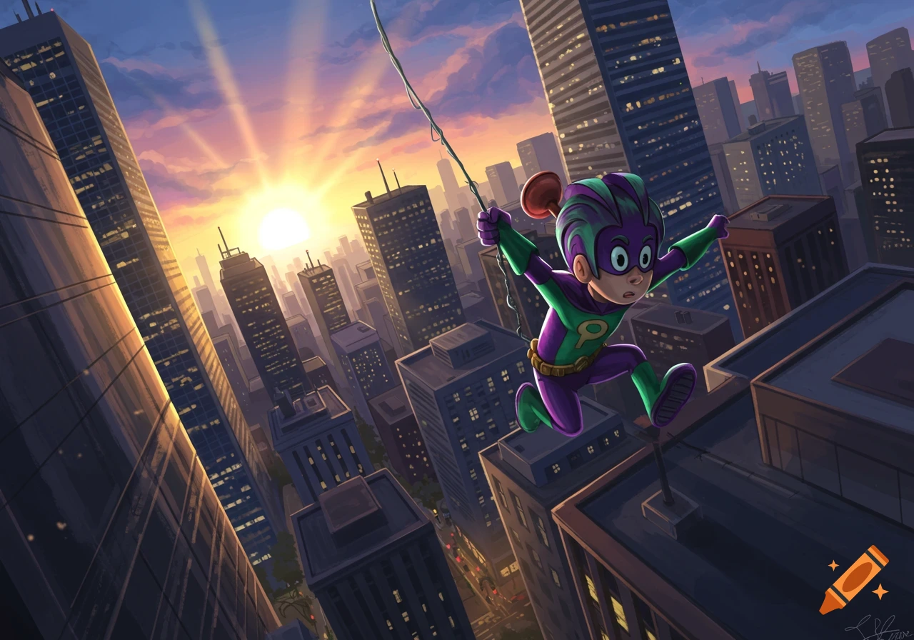 LarryBoy, a cartoon superhero with a plunger on his head, swings through a city at sunset, an illustration.