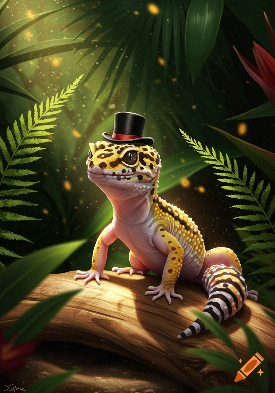 A digital illustration of a leopard gecko wearing a black top hat with a red band, sitting on a log in a lush, green jungle.