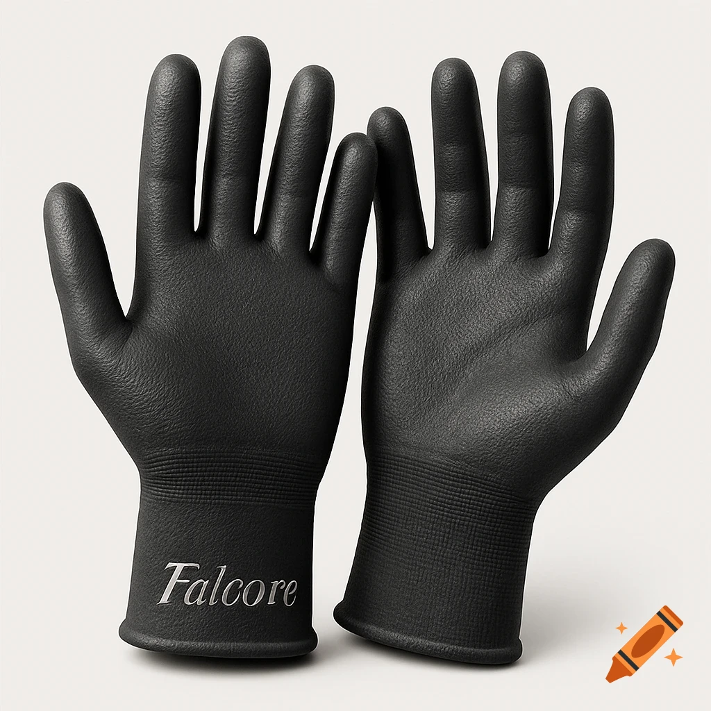 A pair of black industrial Micro-Foam Nitrile Coated Gloves with "Falcore" written on the wrist of one glove, against a white background.