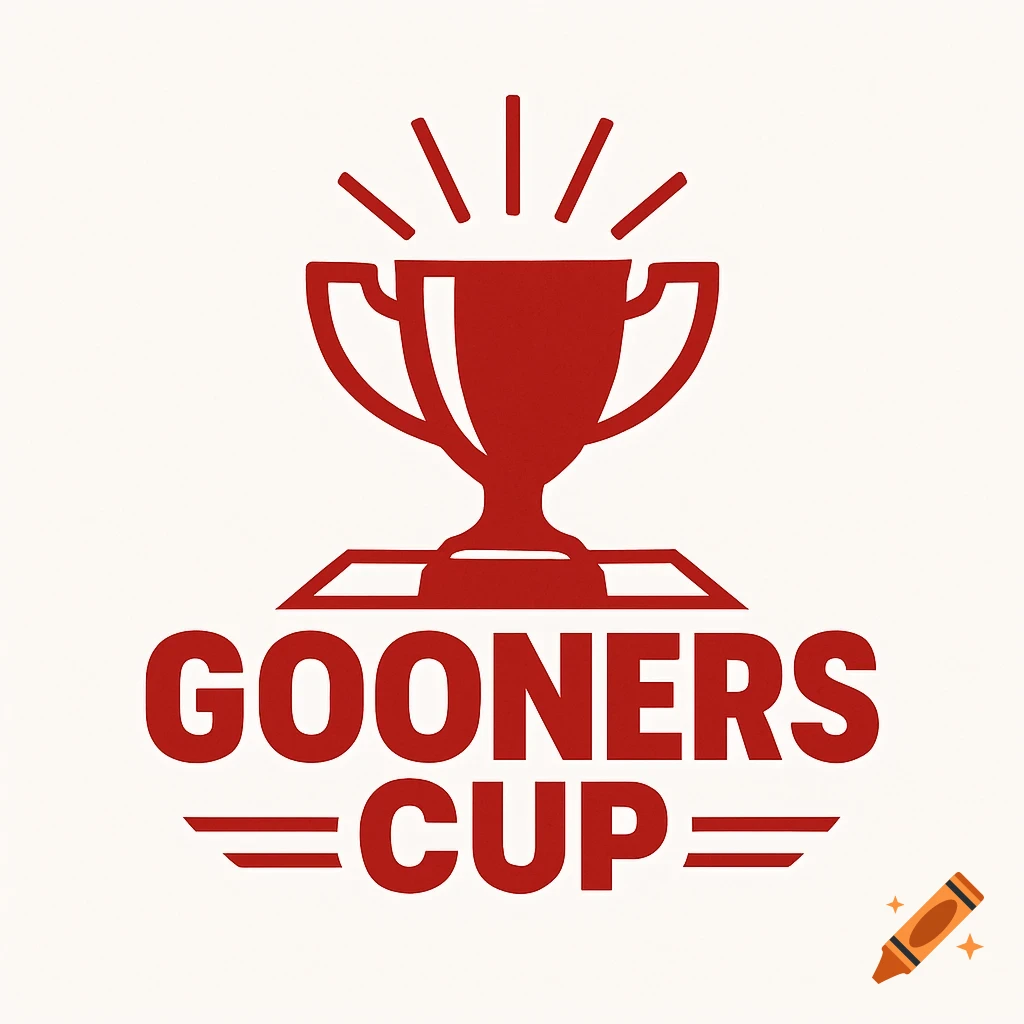 A red logo featuring a trophy with radiating lines above it and the text GOONERS CUP below.