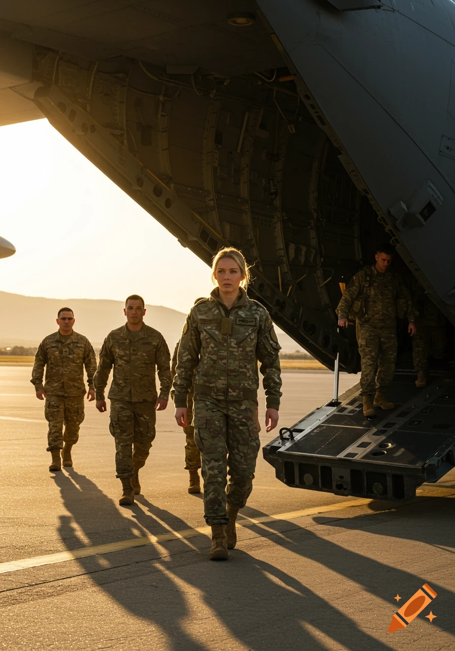 A blonde woman in camouflage uniform leads a group of soldiers exiting a military cargo plane at sunset on an airfield.