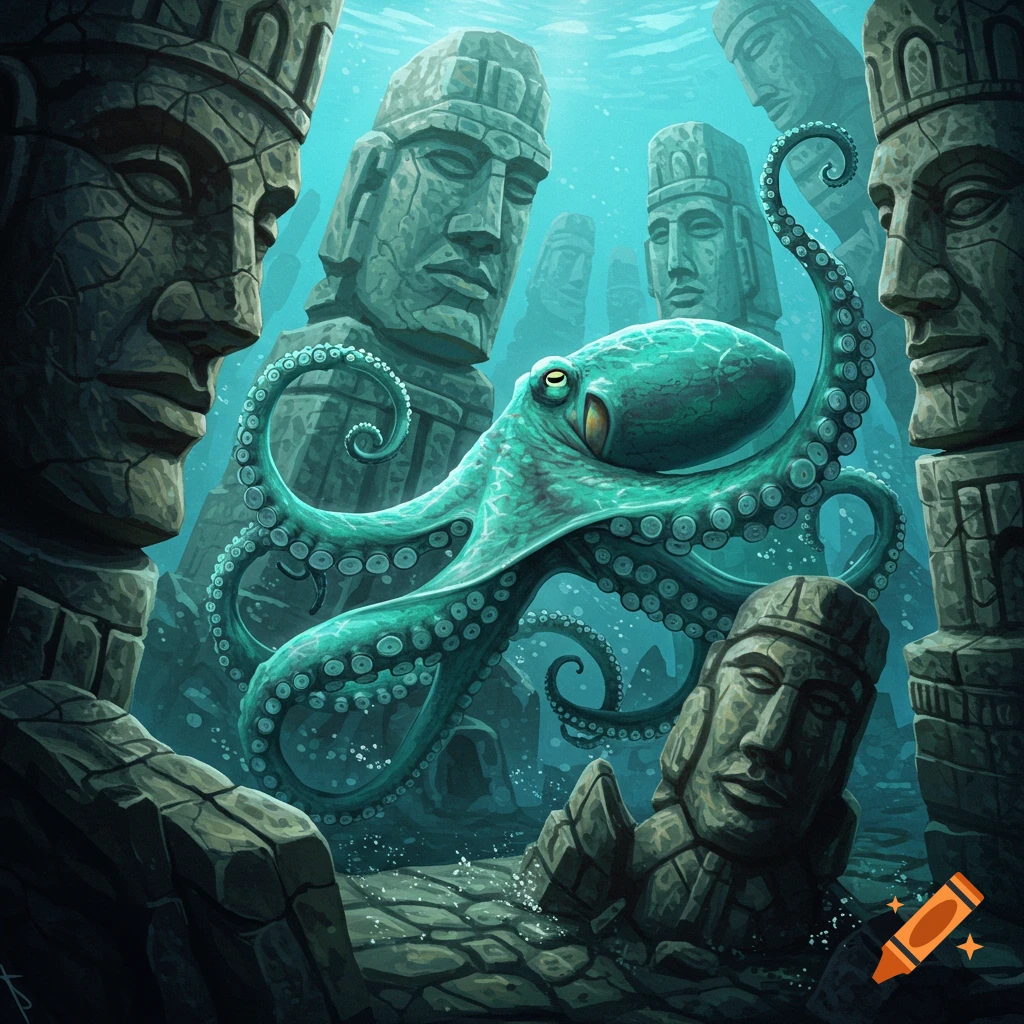 A vibrant teal octopus swims among ancient stone statues on the ocean floor, under clear blue water.