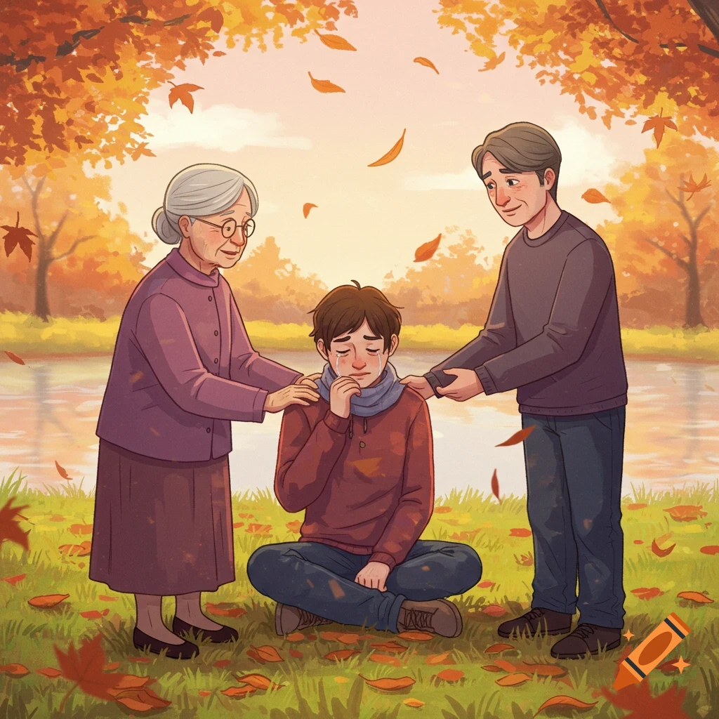 An illustration of an older woman and a man comforting a young man crying in an autumn park beside a pond.
