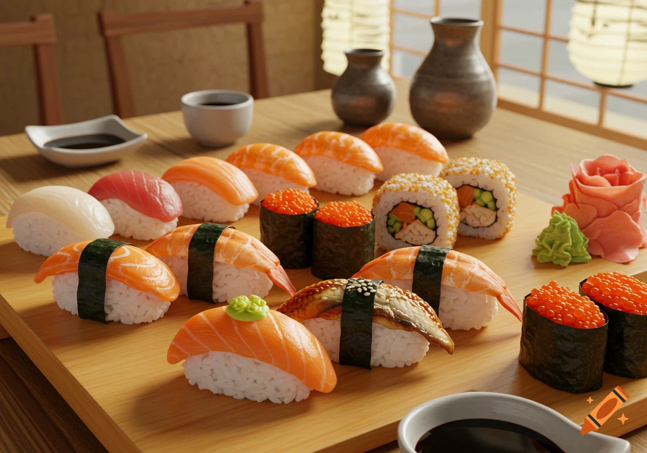 A close-up shot of various types of sushi, including nigiri and rolls, arranged on a wooden serving board in a restaurant setting.