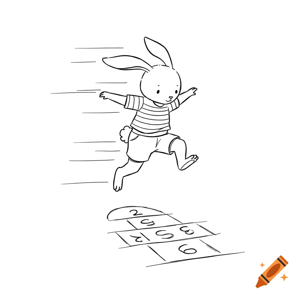 A line drawing of a cartoon bunny wearing a striped shirt and shorts, mid-jump over a hopscotch grid with numbers.
