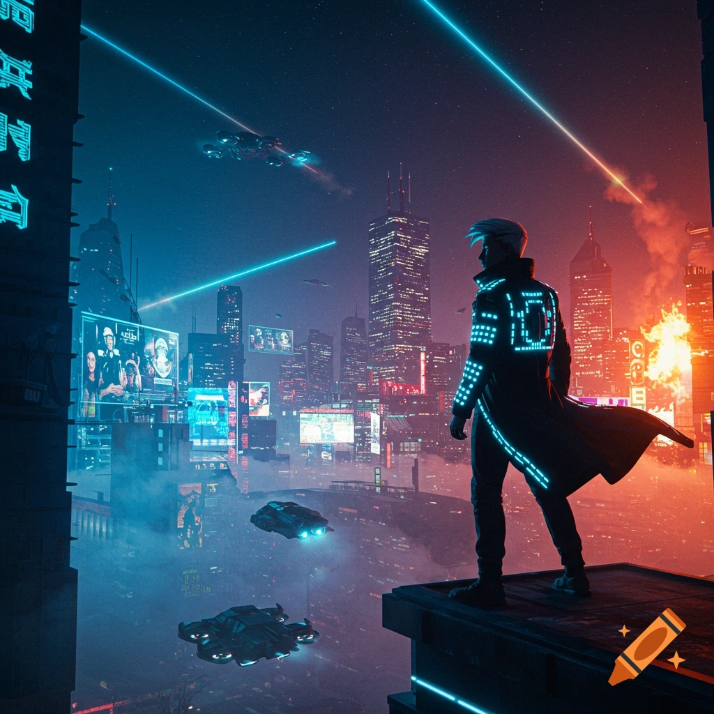 A person in a glowing coat stands on a rooftop overlooking a neon-lit, futuristic cyberpunk city at night with flying vehicles and distant fires.
