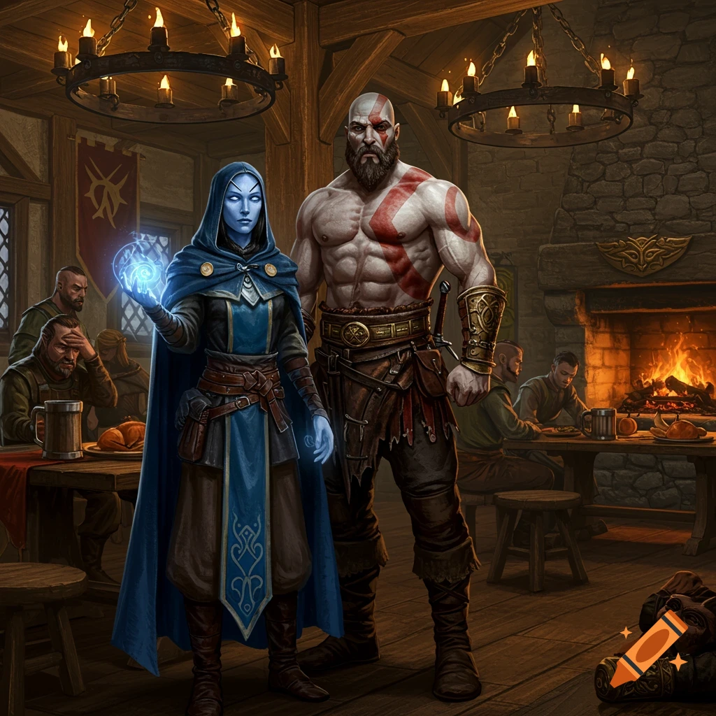 Kratos and a blue-skinned mage stand in a cozy medieval tavern with a fireplace, in a fantasy art style.