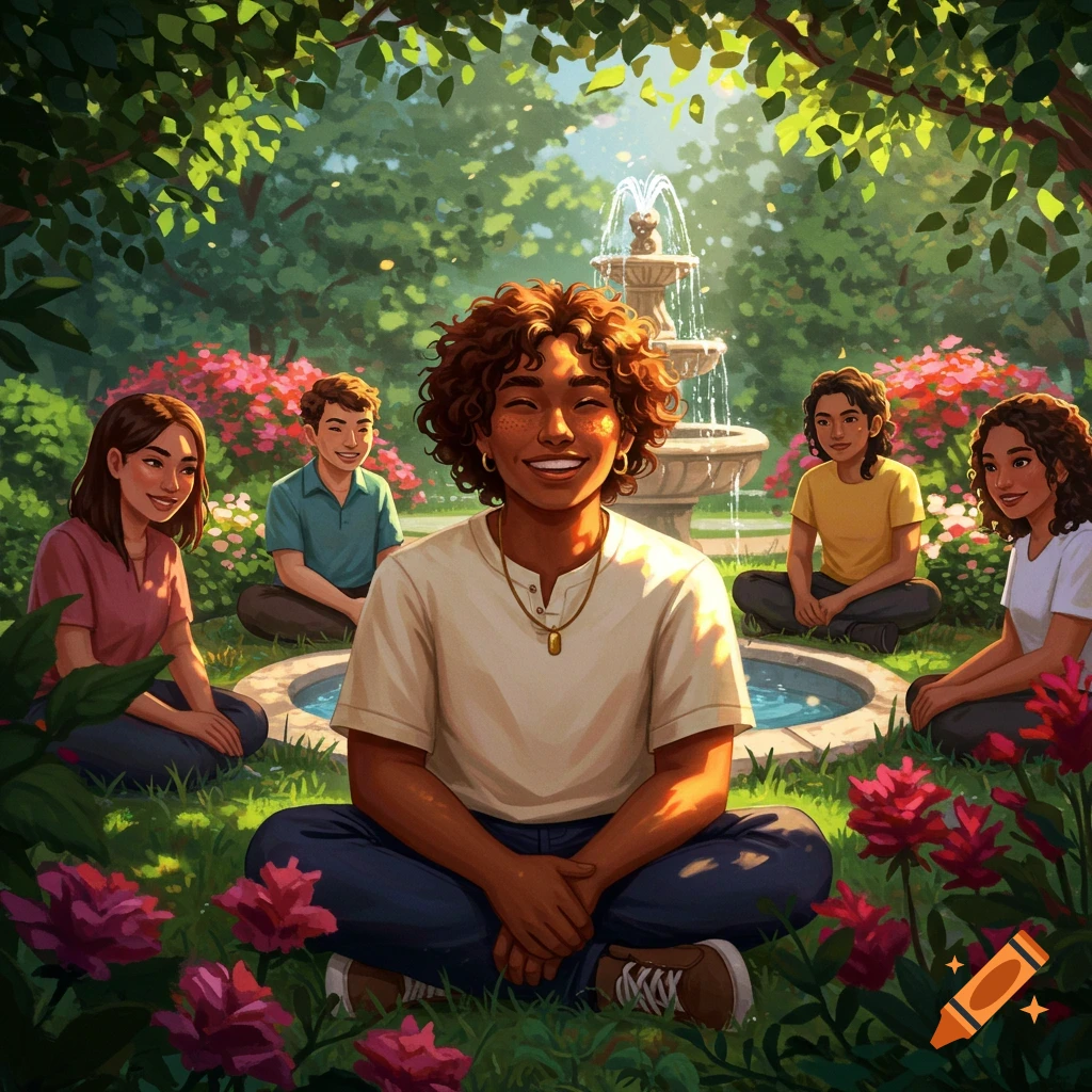 An illustration of five diverse people smiling and sitting in a lush garden with a fountain and pink flowers.