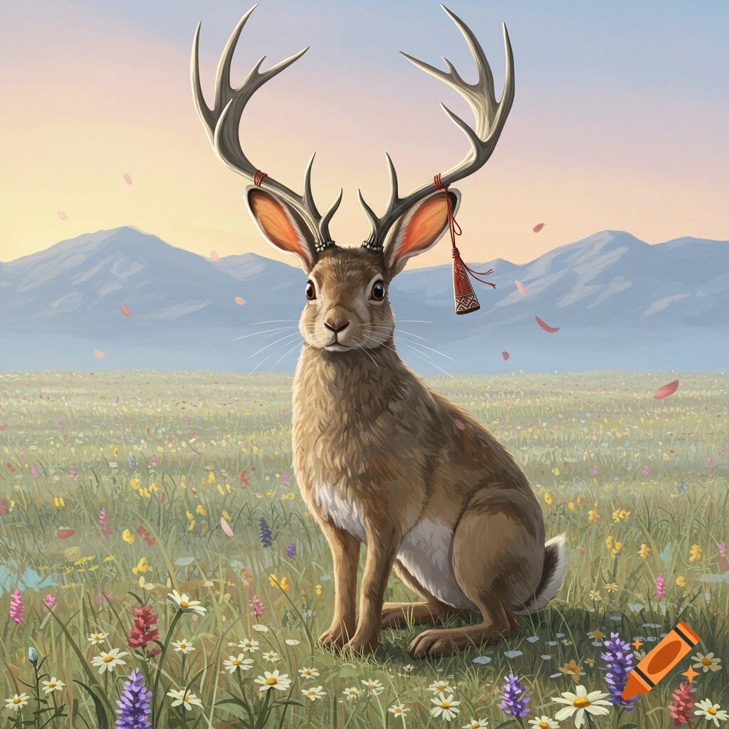 A brown jackalope sits in a vibrant wildflower field with mountains in the background under a soft sky, pink petals falling.