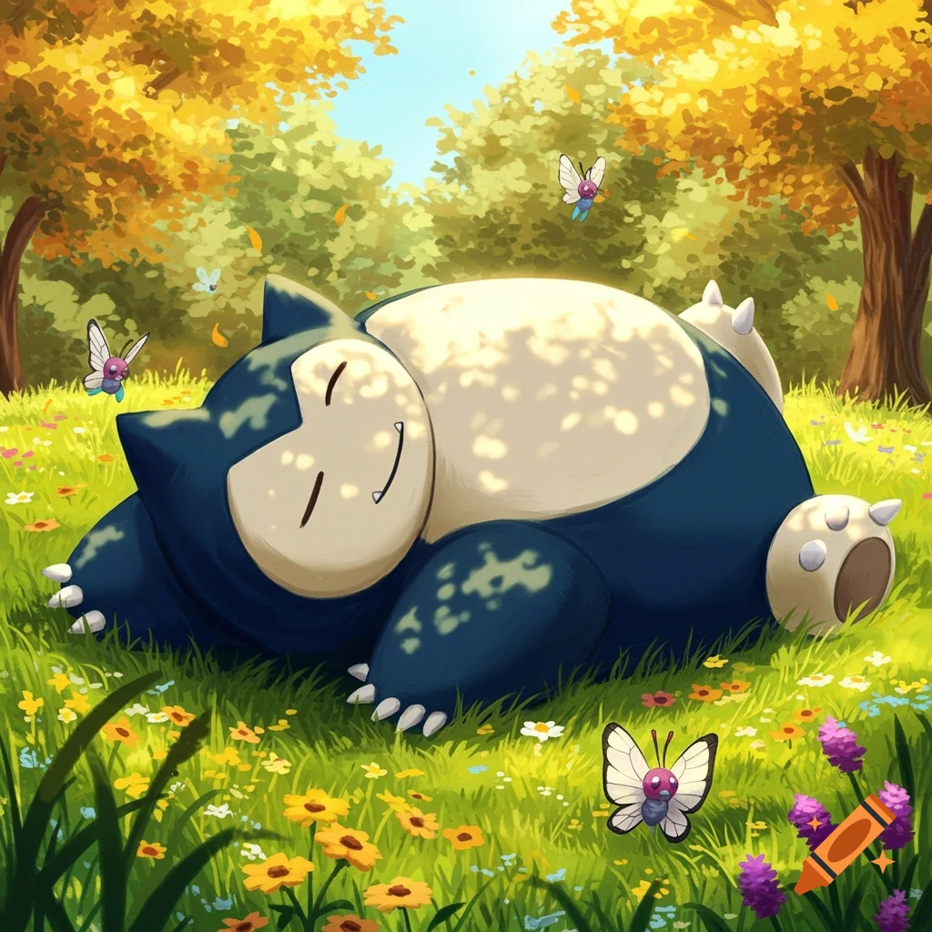A sleeping Snorlax in a sunny, flower-filled meadow with butterflies and autumn trees, in an illustrative style.