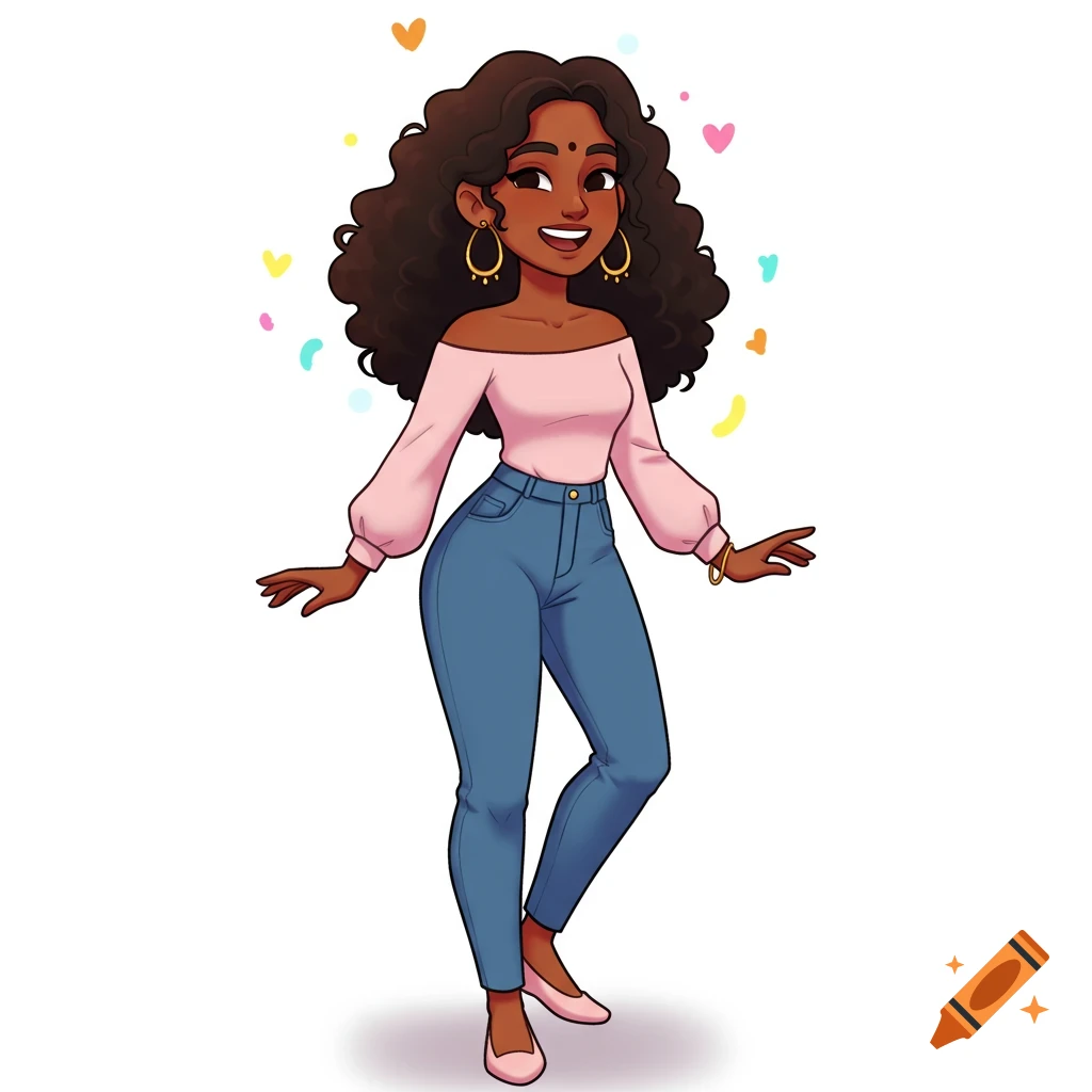 Full-body cartoon illustration of a smiling South Asian woman with curly hair, wearing a pink off-shoulder top, jeans, and pink flats, with floating hearts.