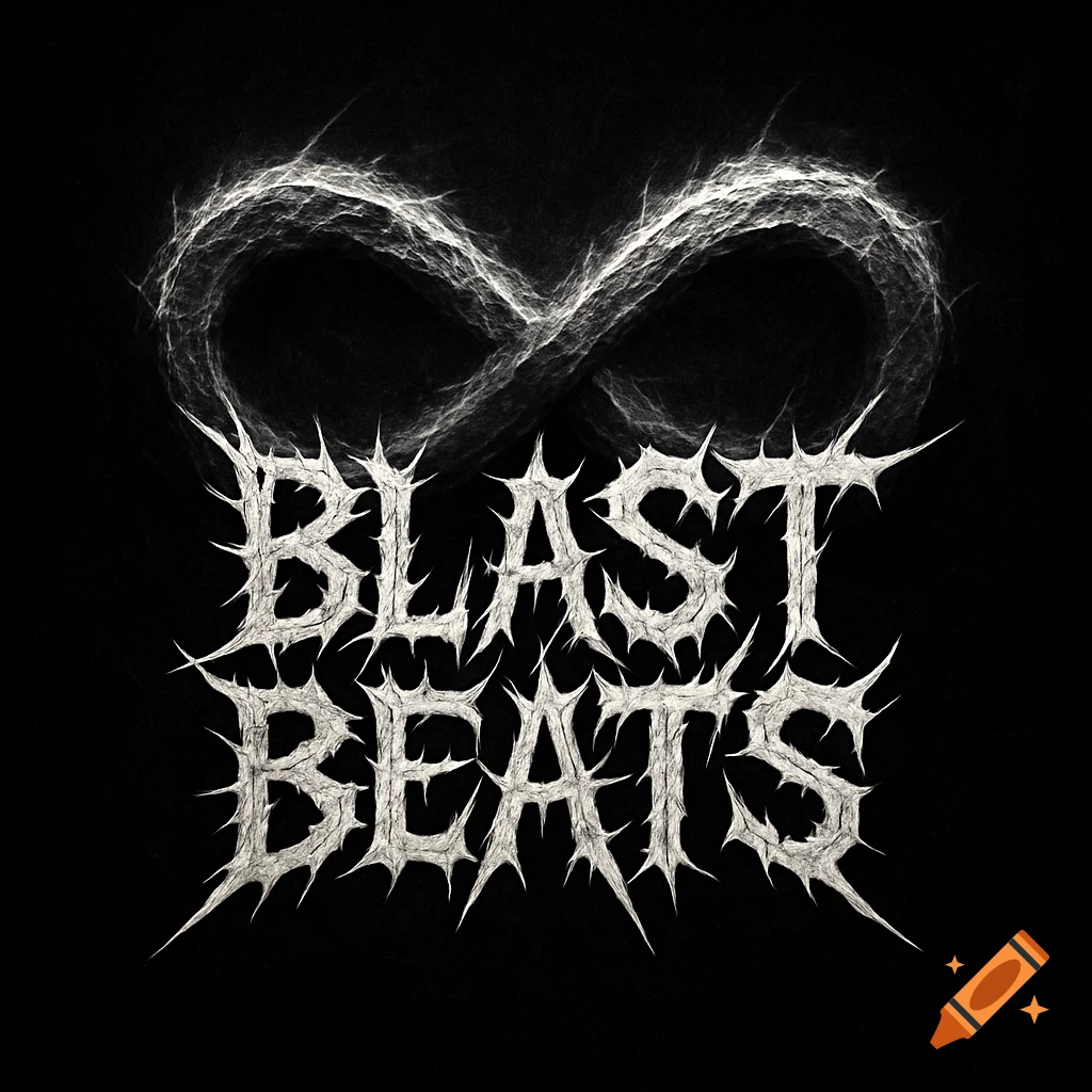 White jagged death metal style text "BLAST BEATS" with a thorny infinity symbol above it, on a black background.
