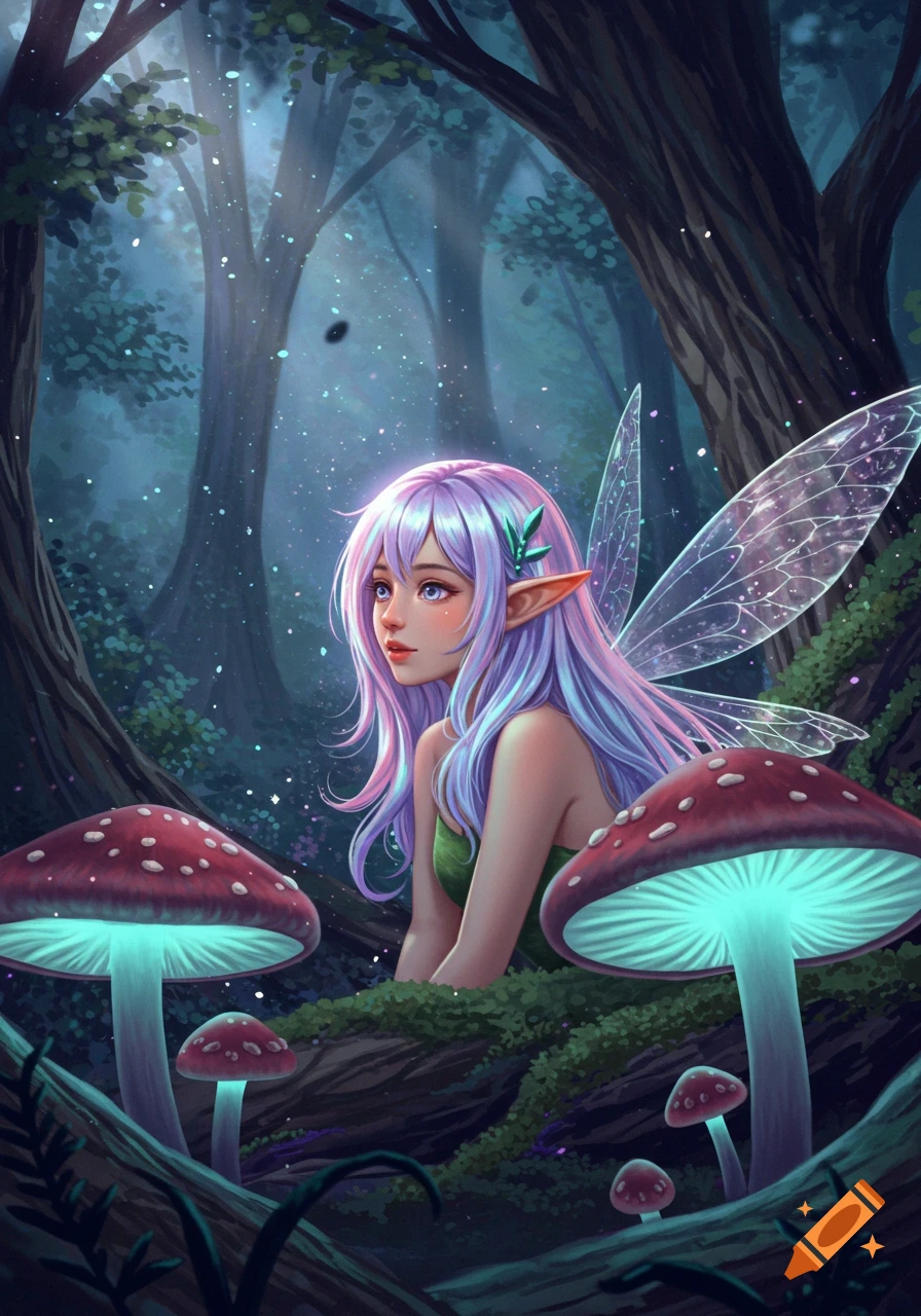 A purple-haired fairy with translucent wings sits in a mystical forest surrounded by glowing red and blue mushrooms, looking to the side.