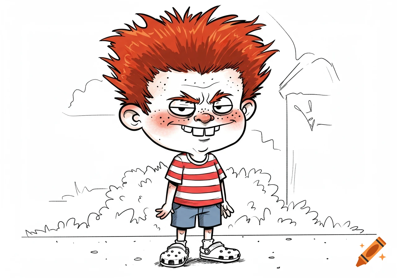 A mischievous red-haired cartoon boy with buck teeth, freckles, a striped shirt, shorts, and crocs stands against a sketchy background.