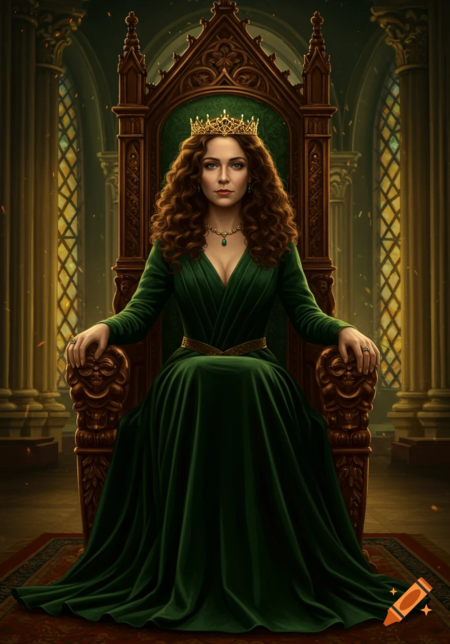 A queen with curly brown hair and a gold crown, wearing a dark green gown, sits on an ornate throne in a palace.