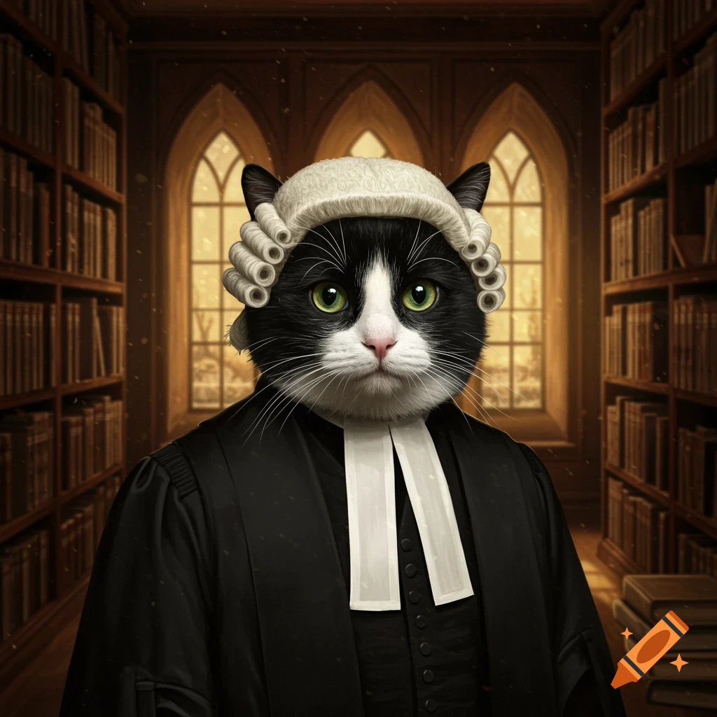 A black and white tuxedo cat wearing a white barrister's wig and black gown stands in a dimly lit library.