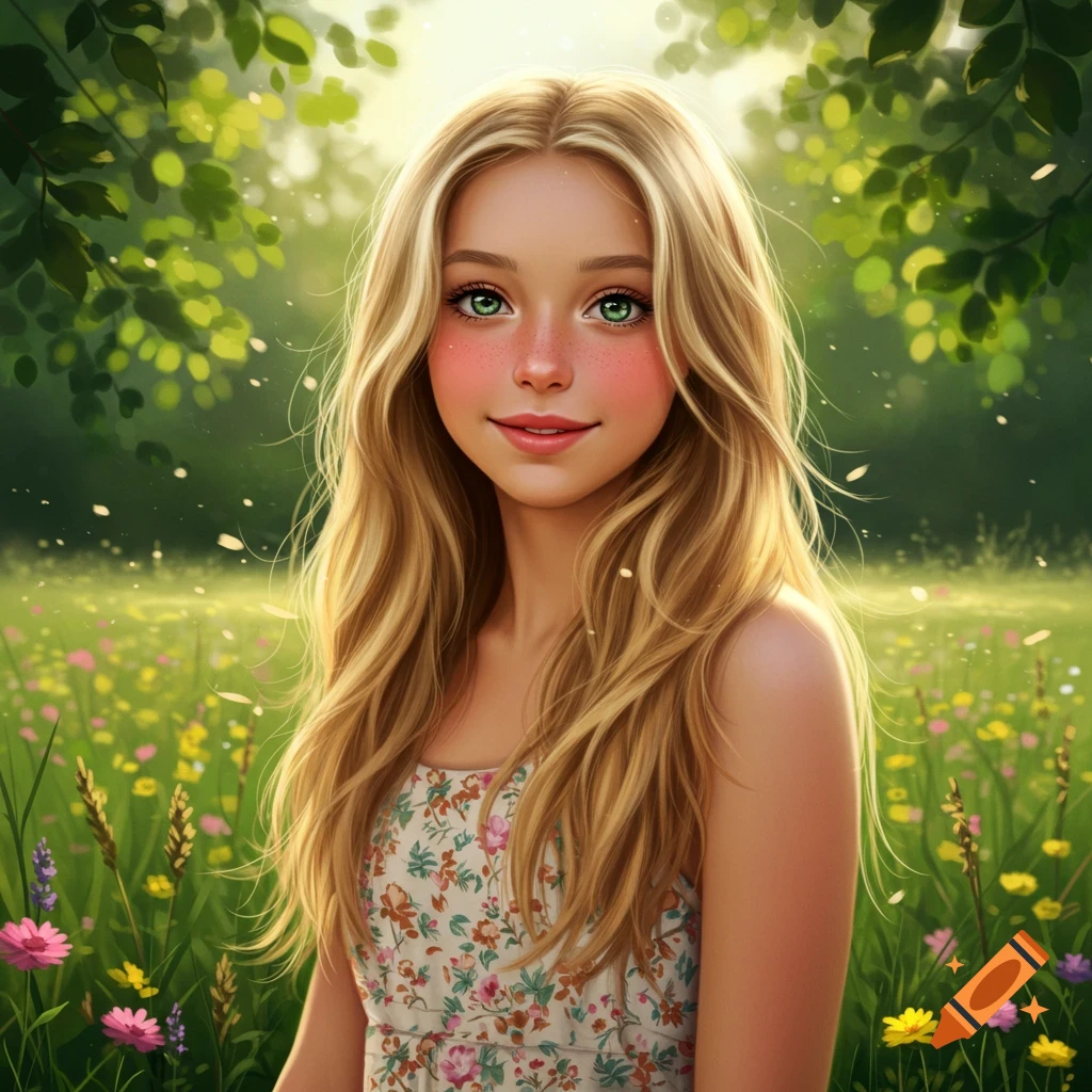 Digital painting of a smiling blonde teenage girl with green eyes and freckles in a sunny, blooming meadow.