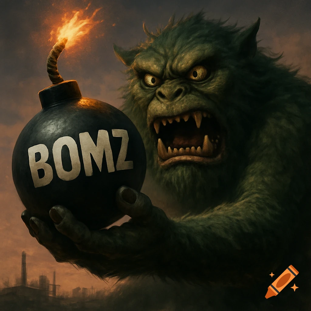 A monstrous green creature with fangs holds a black bomb with a burning fuse, emblazoned with 'BOMZ', against a smoky, industrial background.