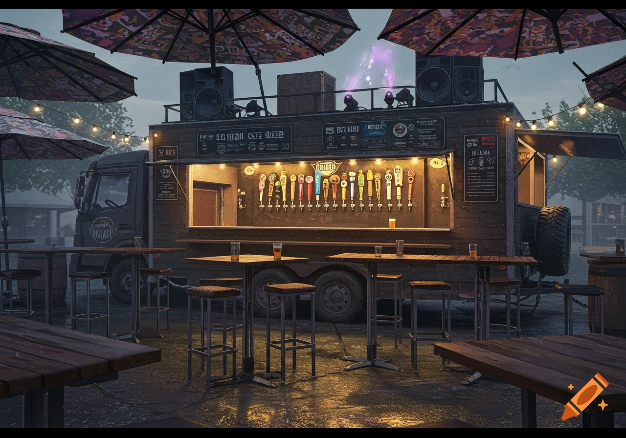 A detailed view of an off-road style beer truck with multiple taps, mood lighting, speakers, and outdoor tables with stools and umbrellas under a cloudy sky.