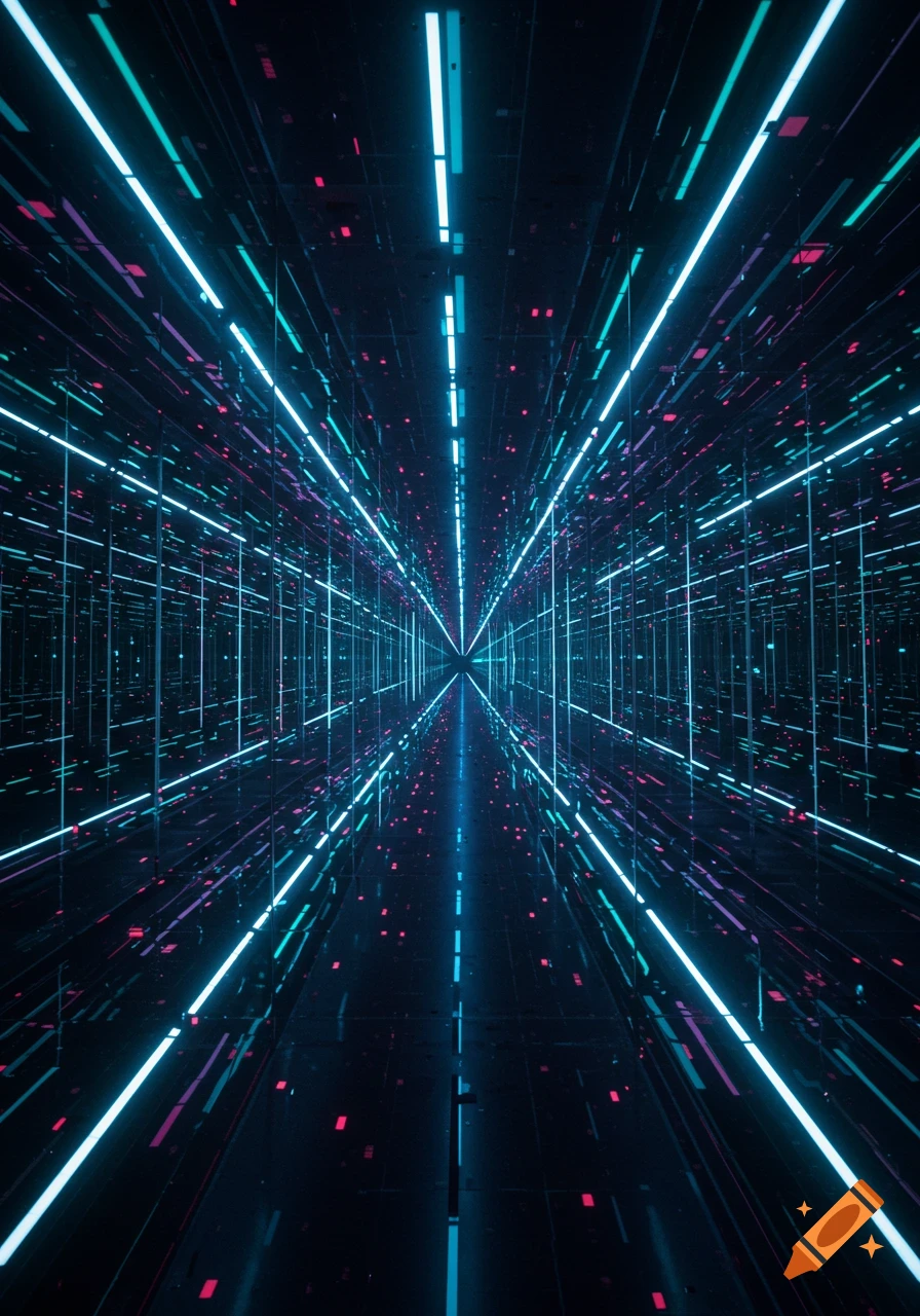 A dark, futuristic digital tunnel with glowing blue, cyan, and magenta lines converging into the distance.