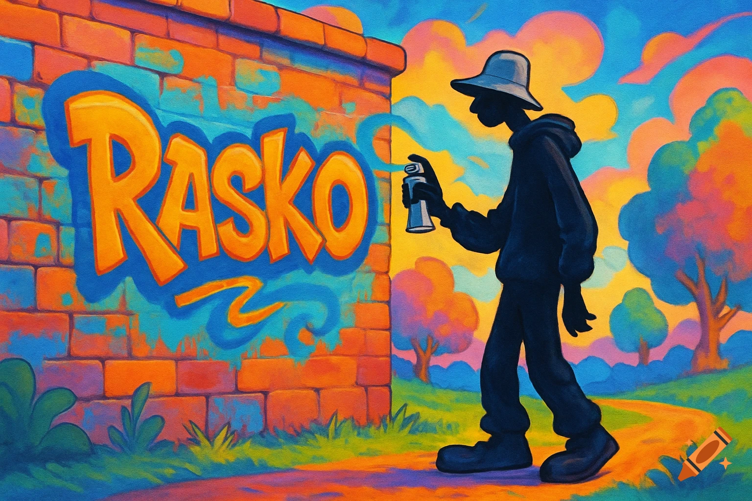 A silhouetted person sprays 'RASKO' graffiti on a brick wall in a vibrant, colorful landscape with trees and a sunset sky.