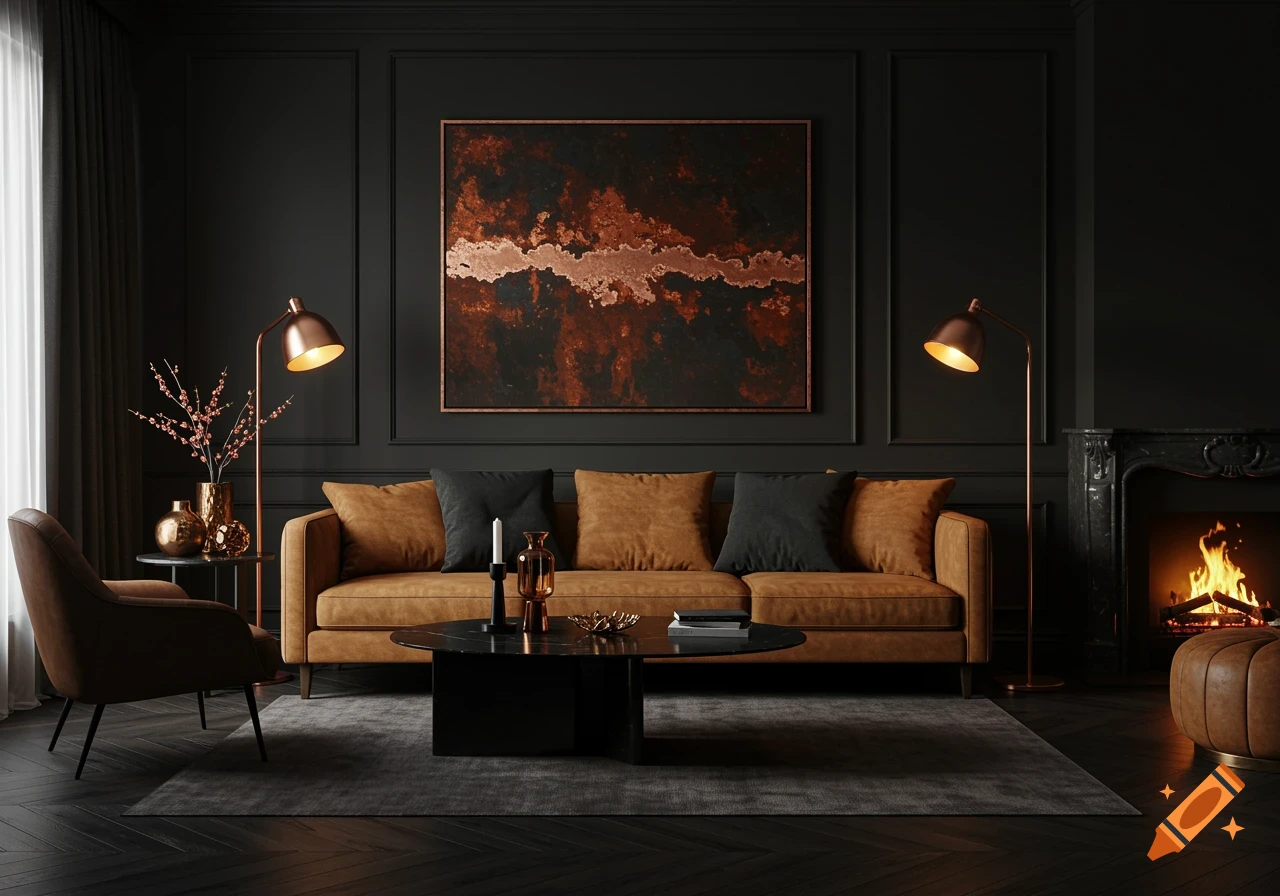 A photorealistic image of a luxurious living room with a brown sofa, black walls, copper accents, and a fireplace.