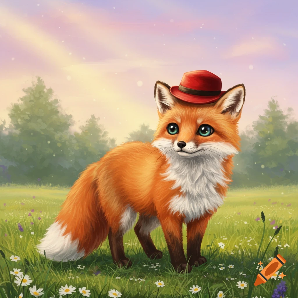 A cute orange fox wearing a red hat stands in a field of green grass and white flowers under a soft, colorful sky.