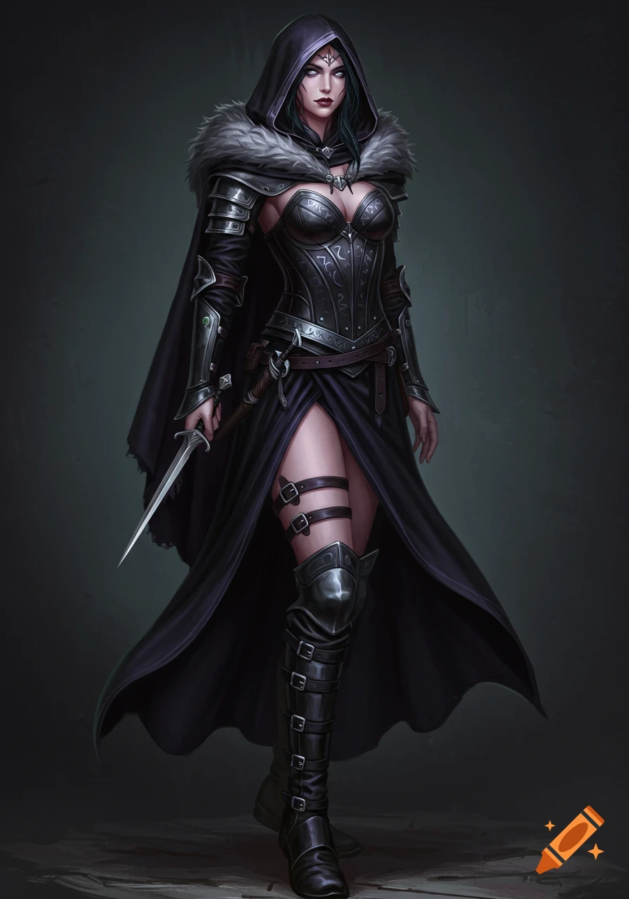 A dark fantasy character in black armor, a hooded fur-lined cloak, and a high-slit skirt, holding a dagger.