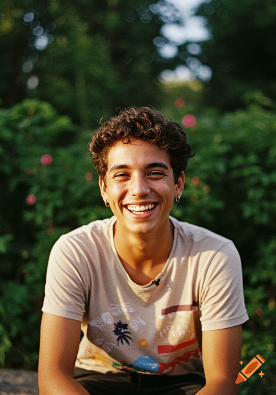 A smiling young person with curly hair wears a patterned t-shirt, with green foliage in the blurry background.