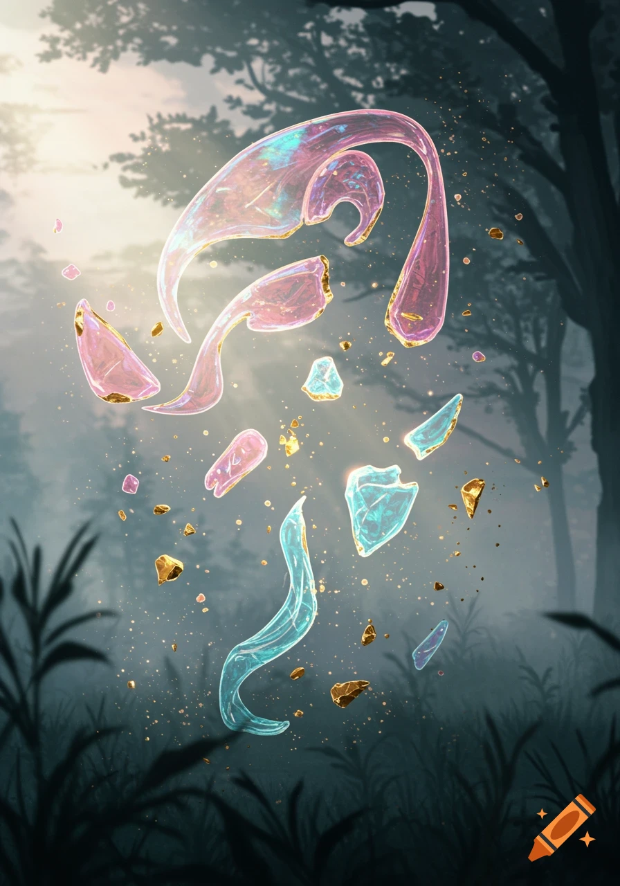 Abstract painting of luminous, shattered pink, blue, and gold fragments floating in a misty fantasy forest with sunlight.