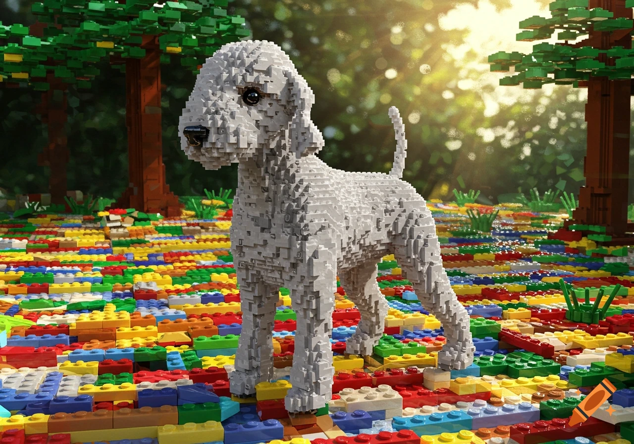 A grey Lego Bedlington Terrier dog standing on a colorful Lego brick ground with Lego trees in the background, bathed in sunlight.