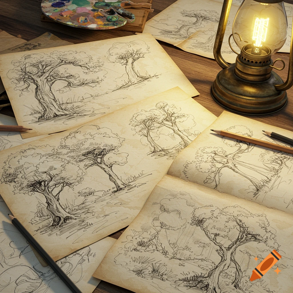 Overhead view of ink sketches of trees on aged paper, with a paint palette, pencils, and a lit lantern on a wooden desk.